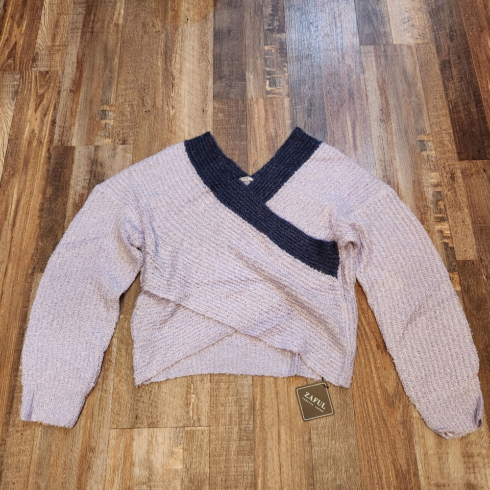 Lavender and Blue Wrap Cropped Sweater - Picture 2 of 6